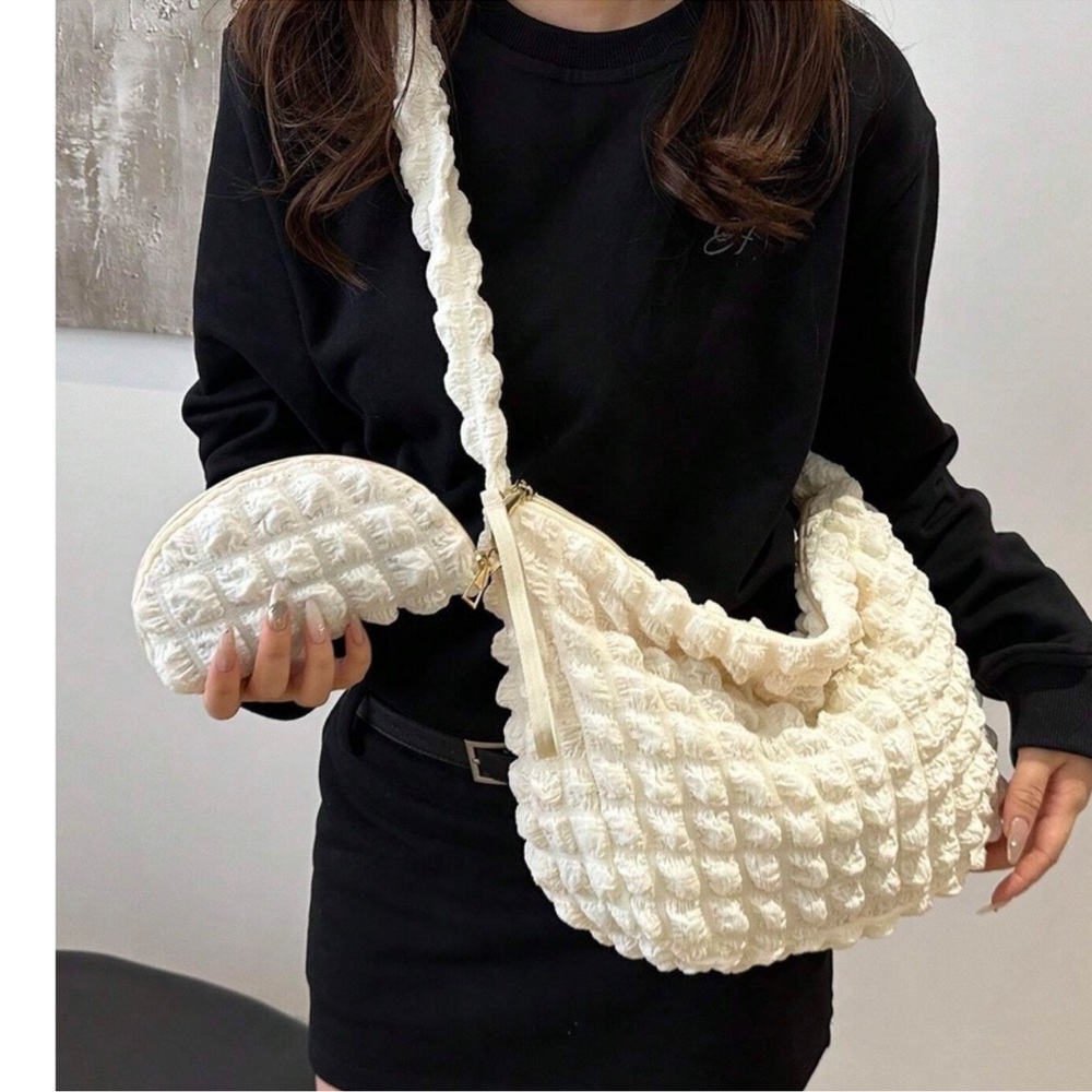 Minimalist Cream Quilted Puffer Medium Size Shoulder Crossbody Bag Set
